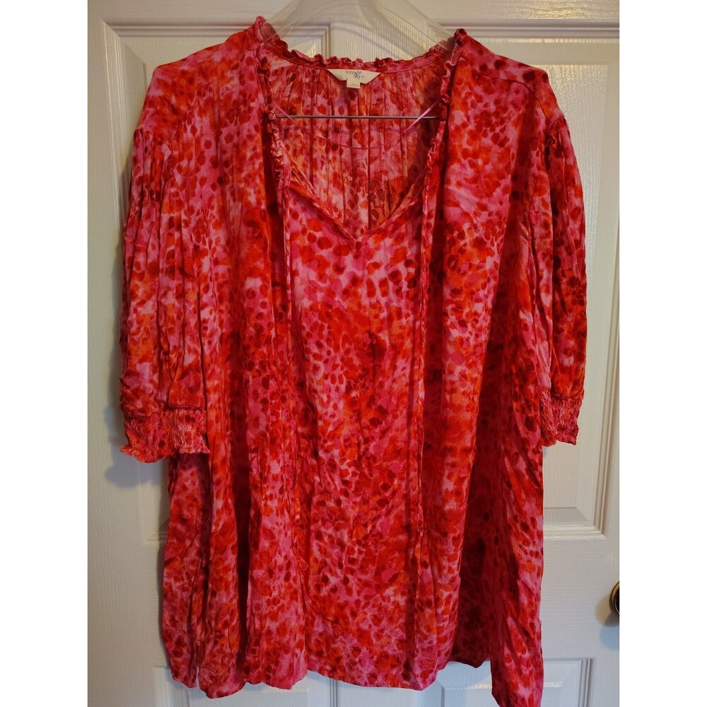 Terra & Sky Women’s Pink/Red Animal Print V-Neck 3/4 Sleeve Tunic Blouse 3X